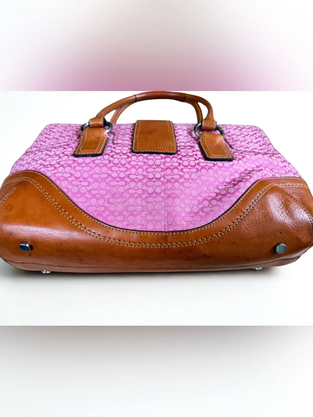 Coach Pink Canvas Satchel with Tan Leather Trim and Buckle Barbiecore